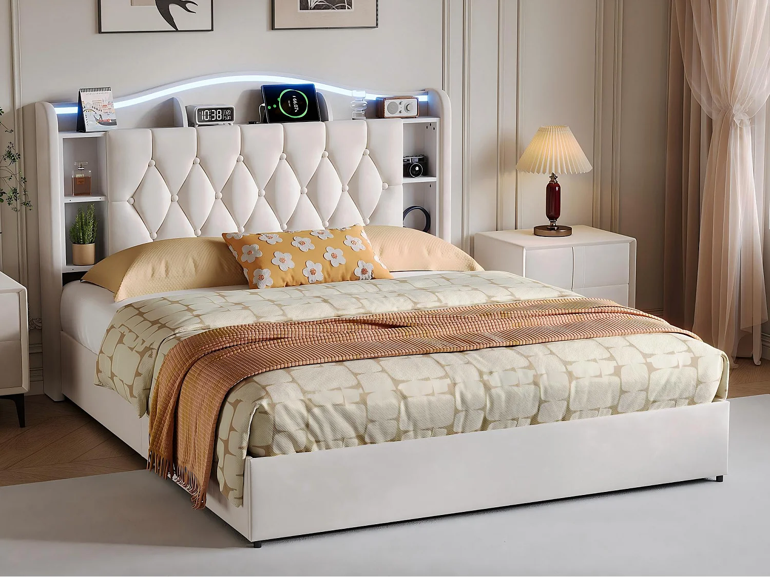 Lit coffre 140x190 cm velours avec LED et USB, tête de lit avec rangement, cadre de lit rembourré, sommier à lattes