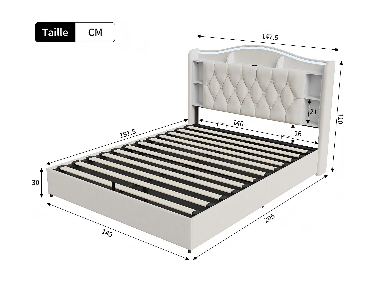 Lit coffre 140x190 cm velours avec LED et USB, tête de lit avec rangement, cadre de lit rembourré, sommier à lattes