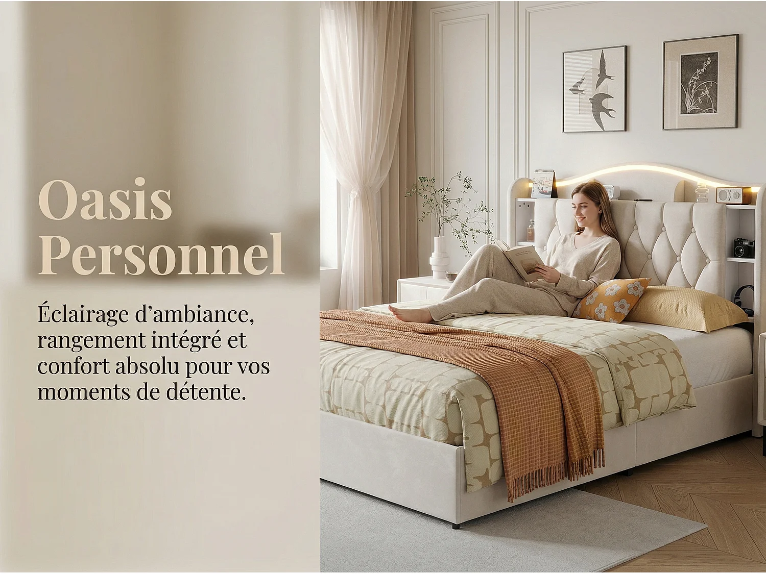 Lit coffre 140x190 cm velours avec LED et USB, tête de lit avec rangement, cadre de lit rembourré, sommier à lattes