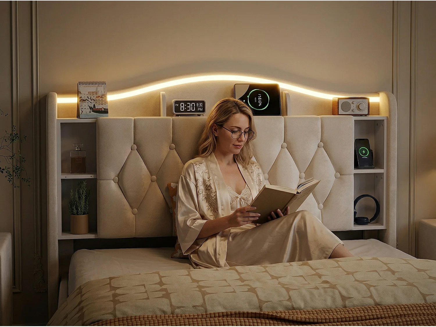 Lit coffre 140x190 cm velours avec LED et USB, tête de lit avec rangement, cadre de lit rembourré, sommier à lattes