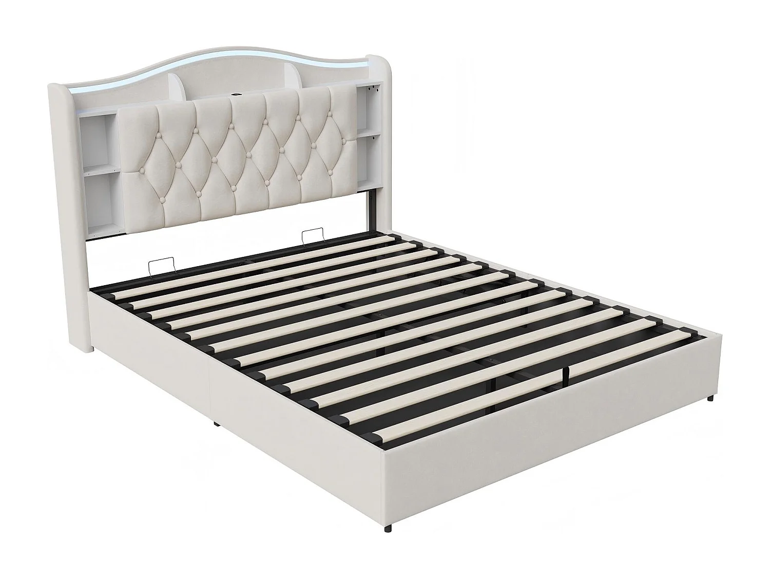 Lit coffre 140x190 cm velours avec LED et USB, tête de lit avec rangement, cadre de lit rembourré, sommier à lattes