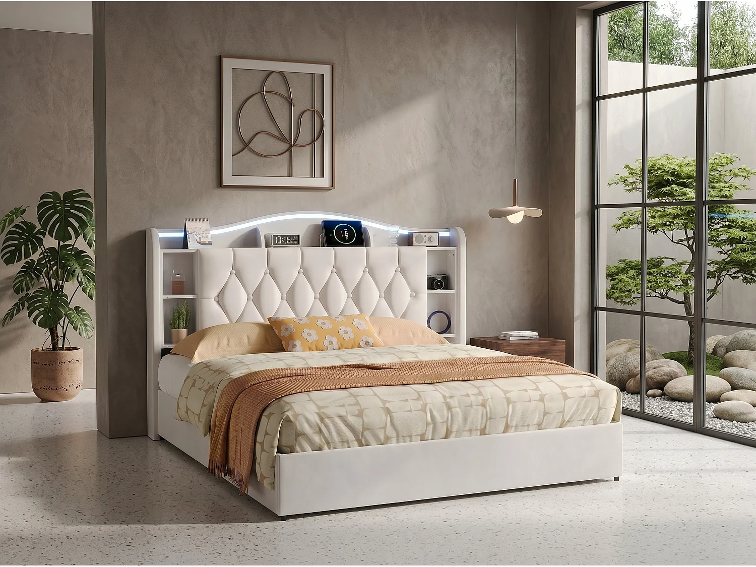 Lit coffre rembourré 140x190 cm - velours - avec éclairage LED et port USB - tête de lit avec rangement