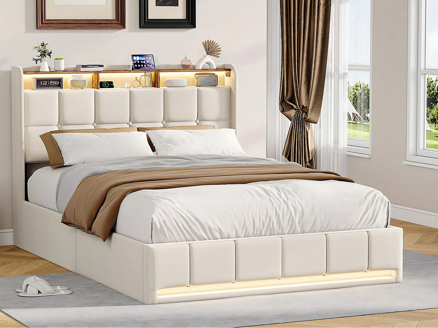 Lit coffre tissu lin avec LED et USB Type-C, lit double avec rangement tête de lit, design moderne