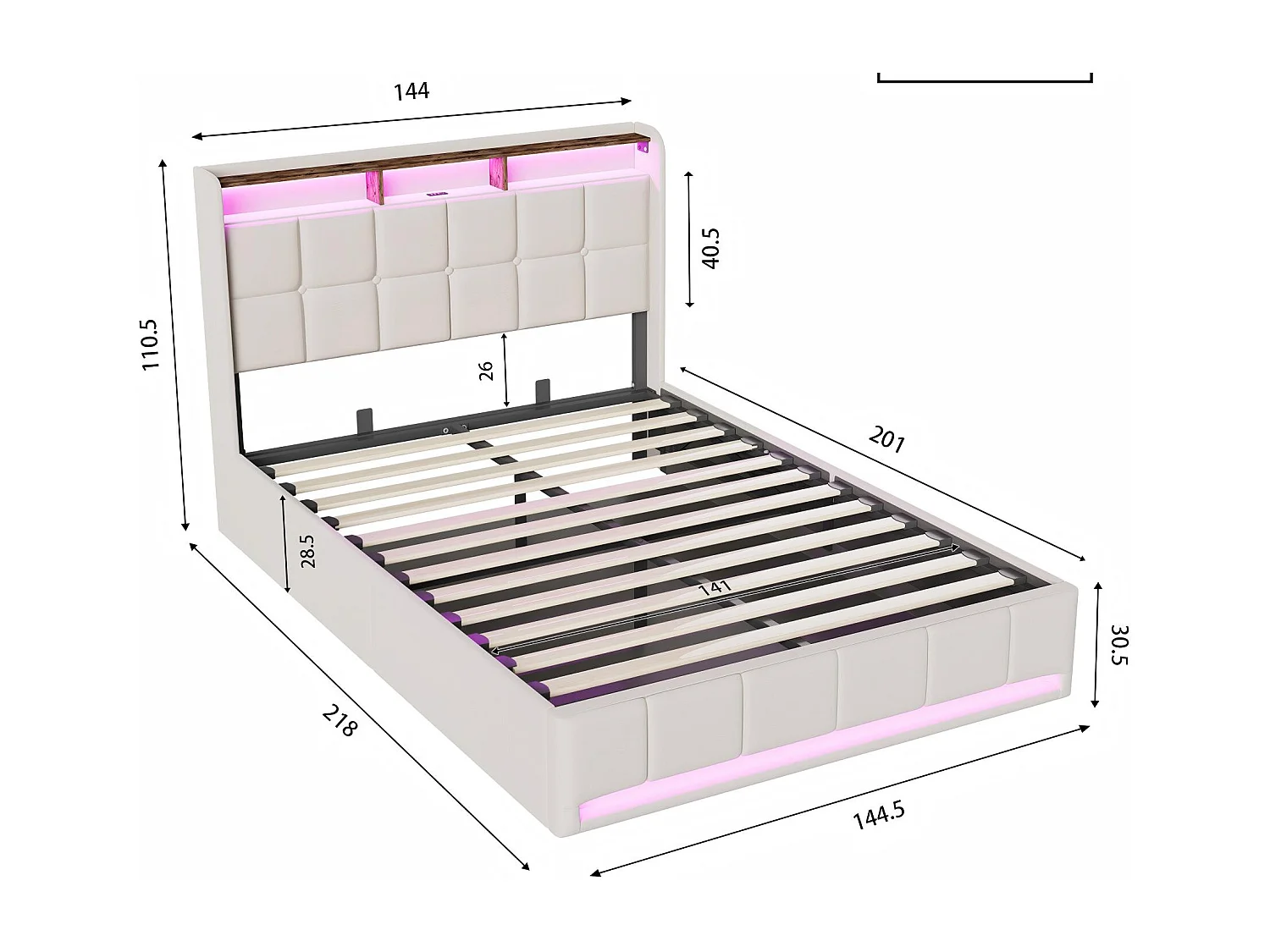 Lit coffre tissu lin avec LED et USB Type-C, lit double avec rangement tête de lit, design moderne