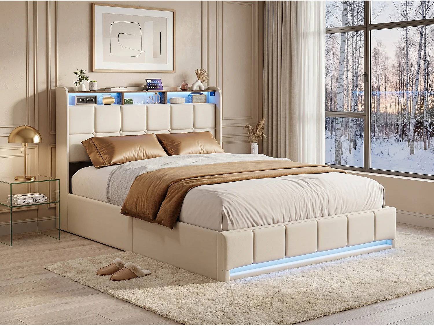 Lit coffre 140x200 cm beige avec LED USB, tête de lit rangement et sommier à lattes, lit double rembourré