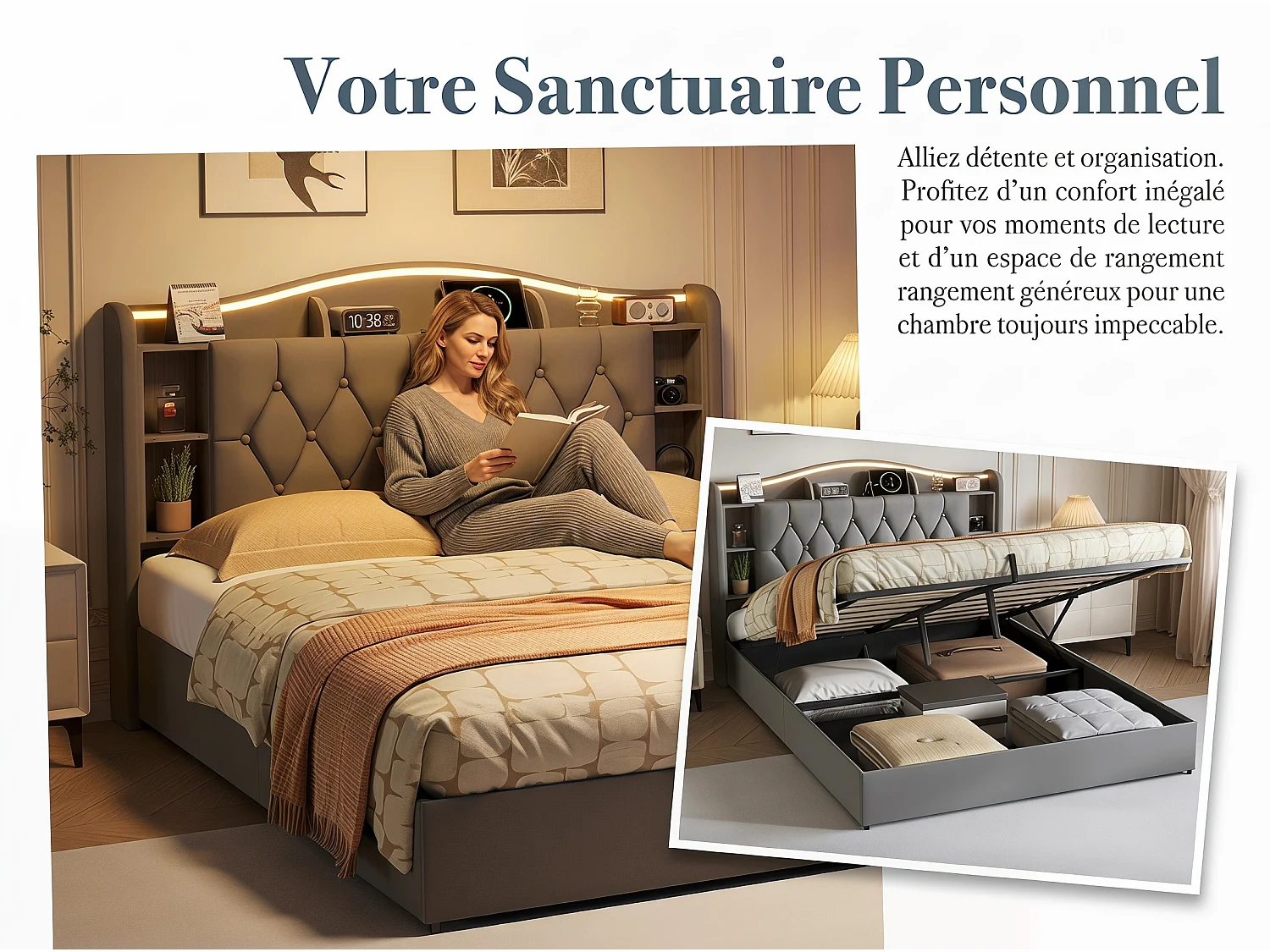 Lit coffre  140x200 cm - velours - avec  LED et USB - avec rangement
