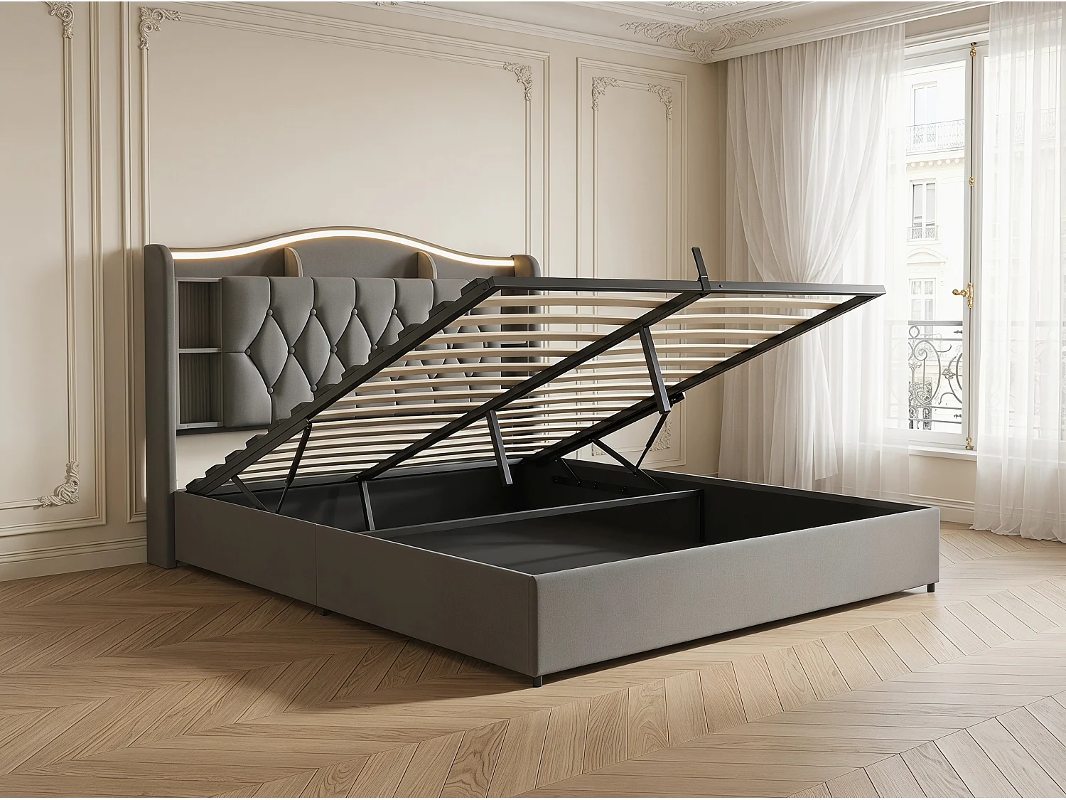 Lit coffre  140x200 cm - velours - avec  LED et USB - avec rangement