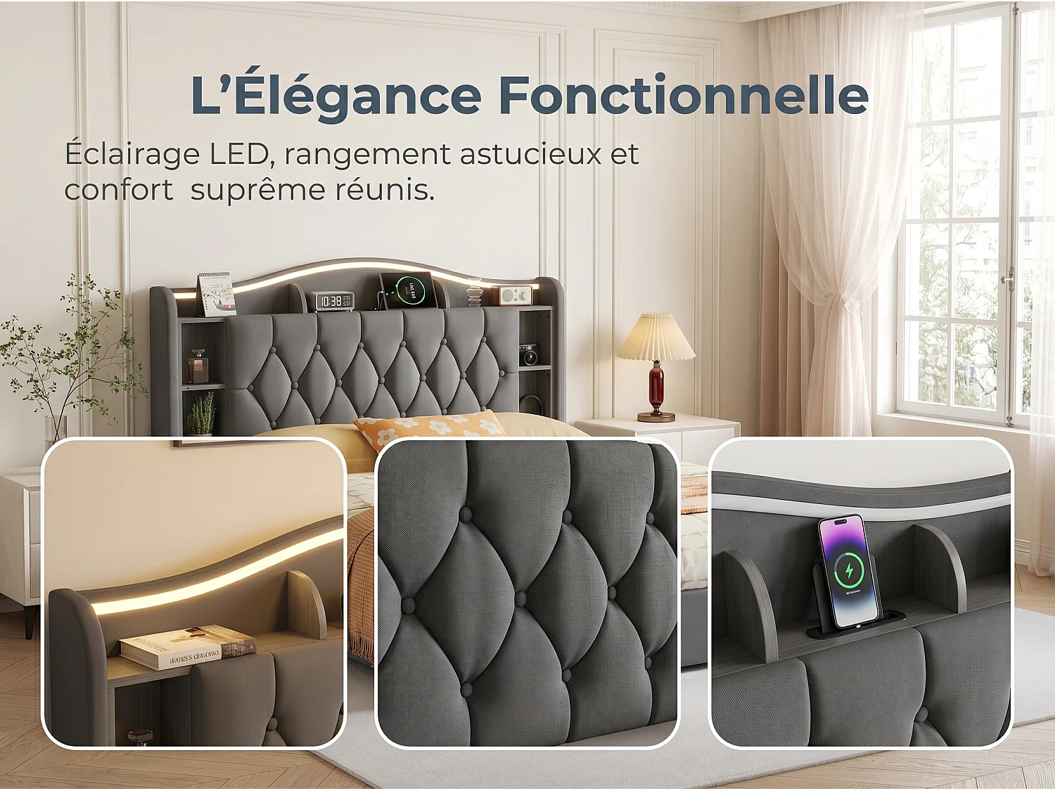 Lit coffre  140x200 cm - velours - avec  LED et USB - avec rangement