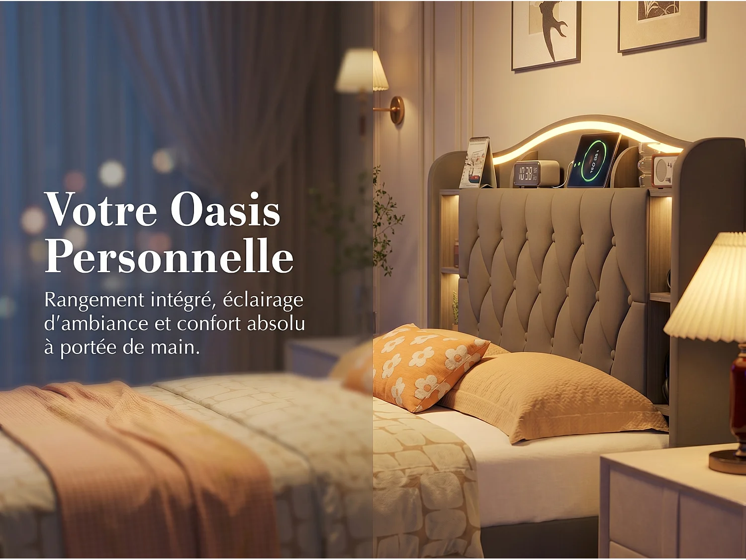 Lit coffre  140x200 cm - velours - avec  LED et USB - avec rangement