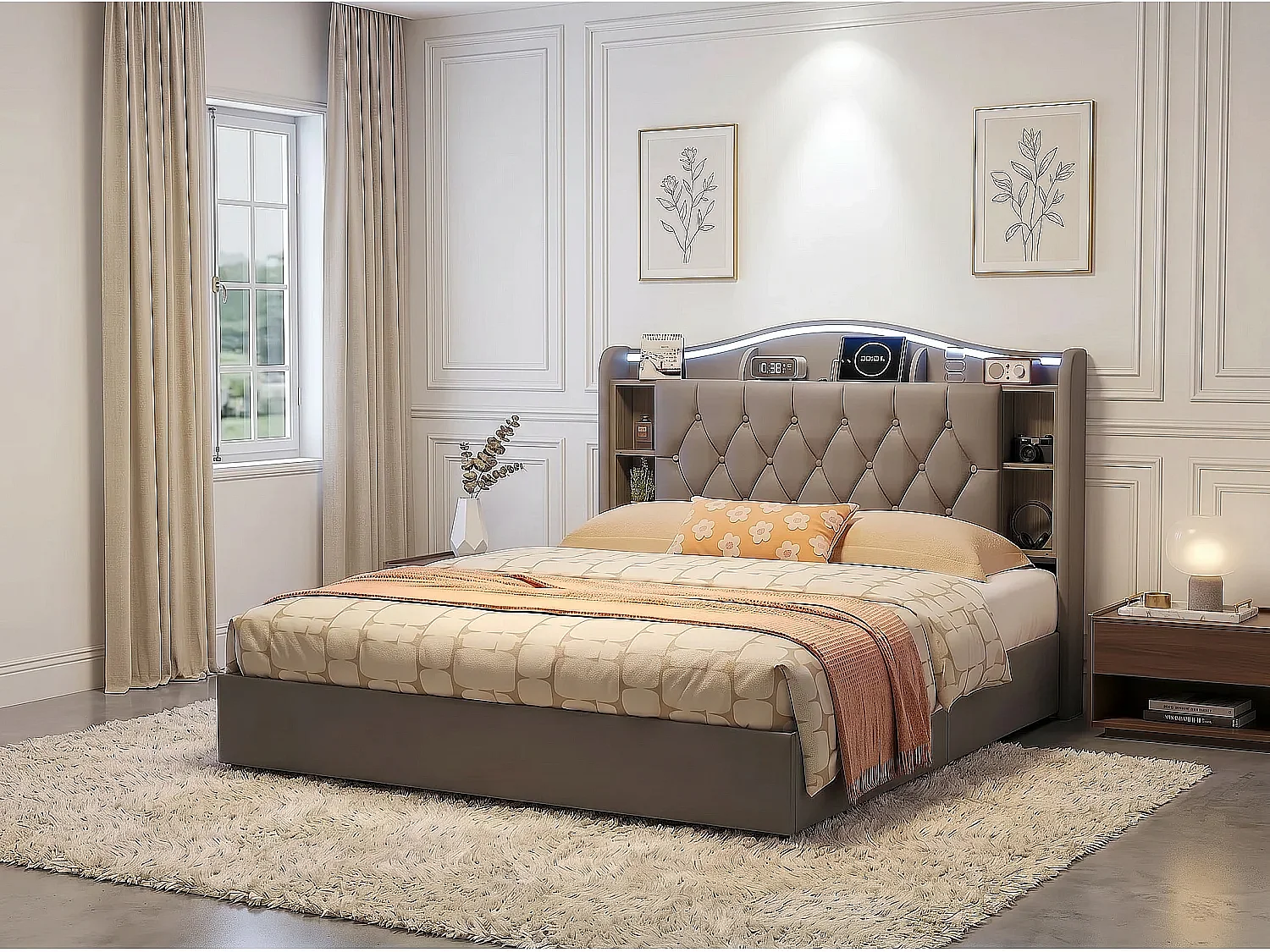 Lit coffre  140x200 cm - velours - avec  LED et USB - avec rangement