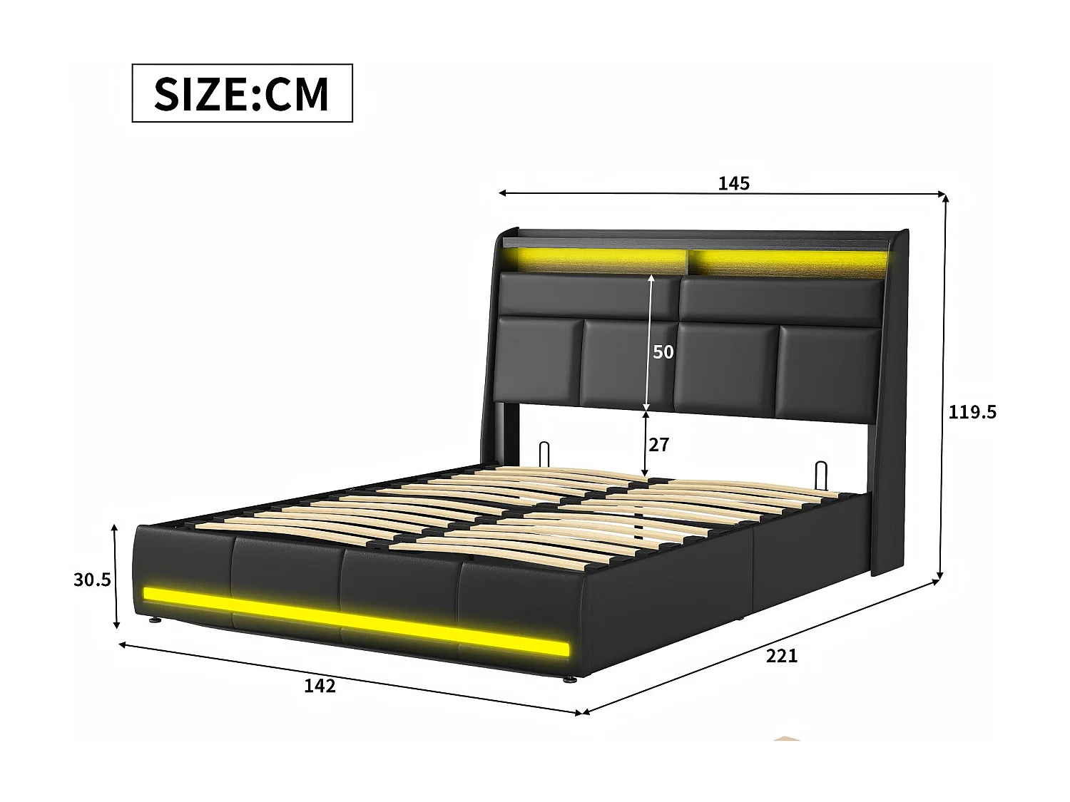 Lit coffre LED flottant noir avec éclairage, lit double design moderne, tête de lit rembourrée, rangement