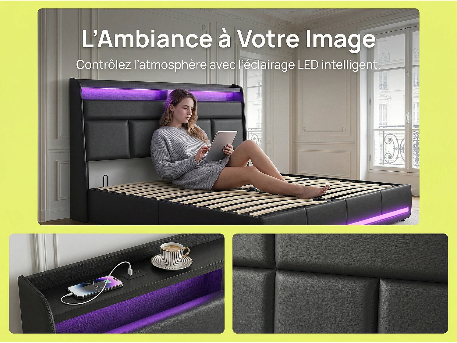 Lit coffre LED flottant noir avec éclairage, lit double design moderne, tête de lit rembourrée, rangement