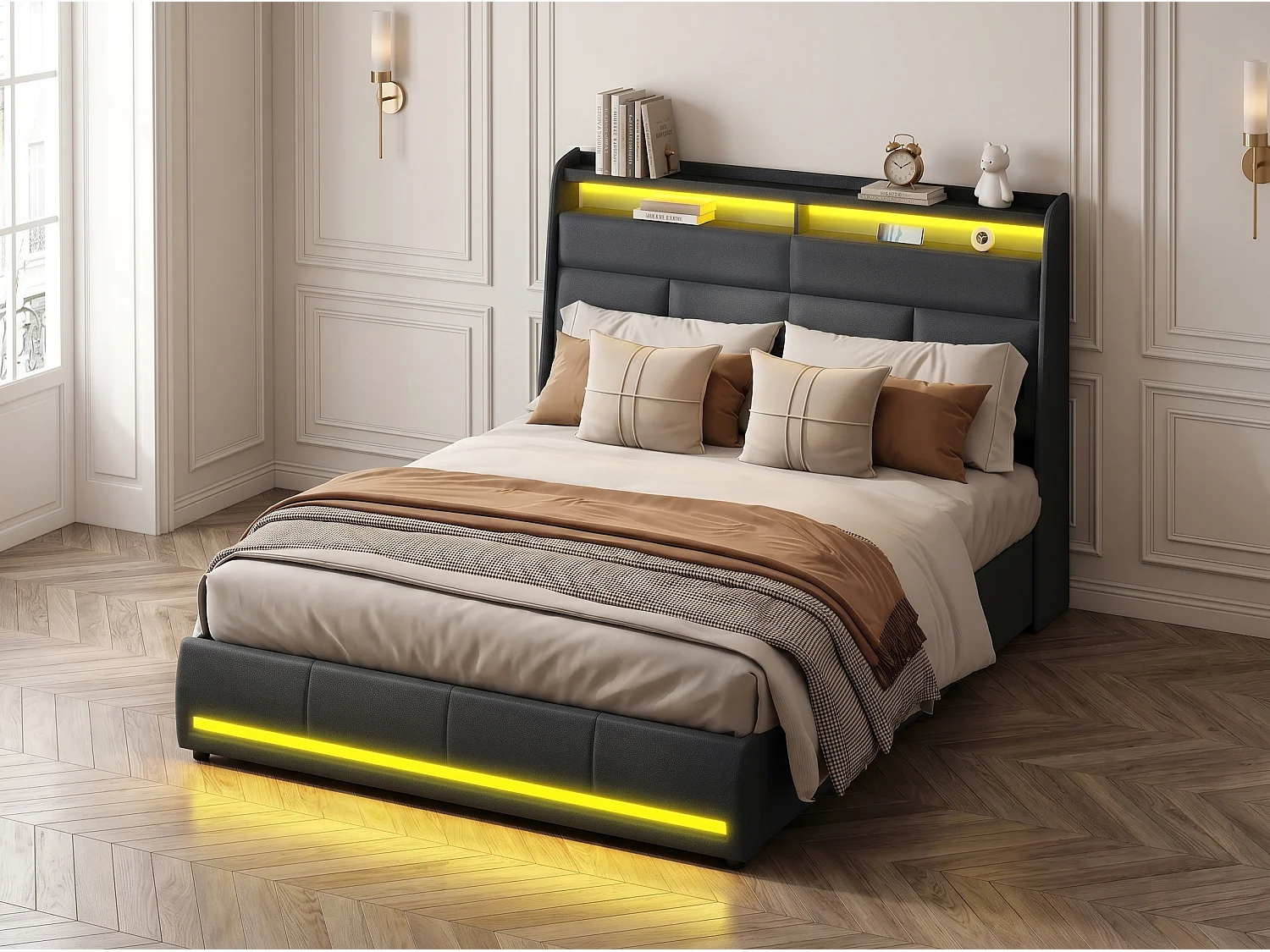 Lit coffre LED flottant noir avec éclairage, lit double design moderne, tête de lit rembourrée, rangement