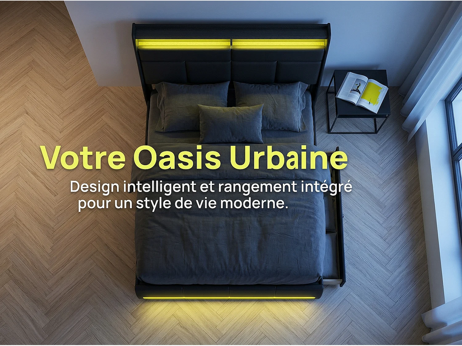 Lit coffre LED flottant noir avec éclairage, lit double design moderne, tête de lit rembourrée, rangement
