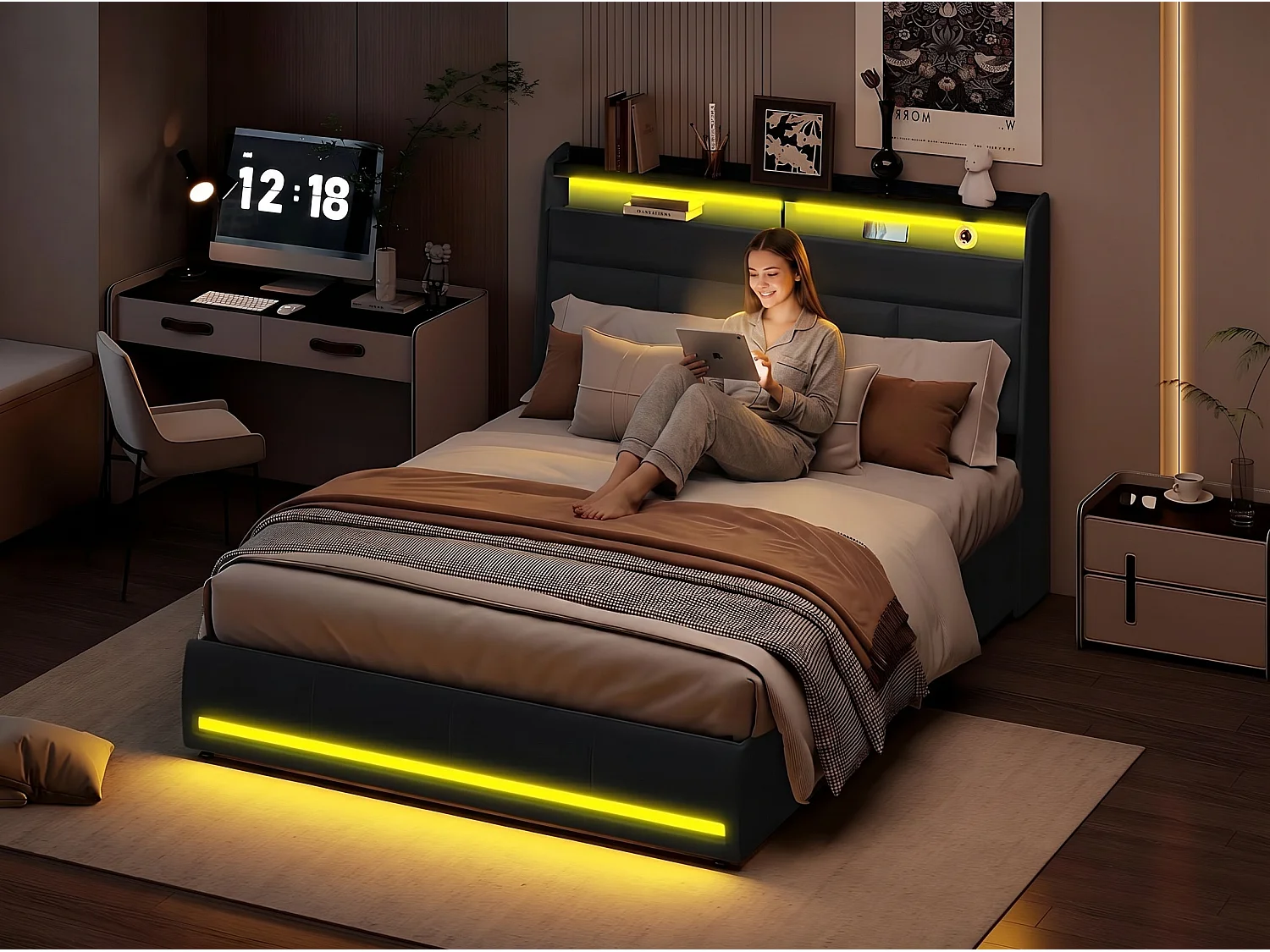 Lit coffre LED flottant noir avec éclairage, lit double design moderne, tête de lit rembourrée, rangement