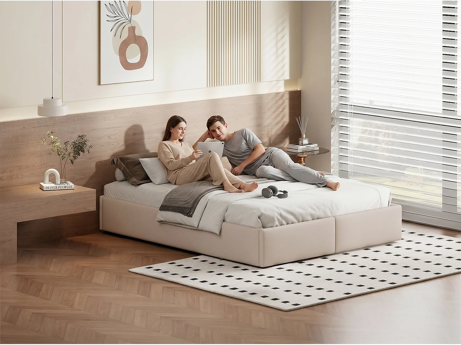 Lit coffre avec tiroirs - 160x200cm - avec rangement hydraulique et sommier à lattes - Beige
