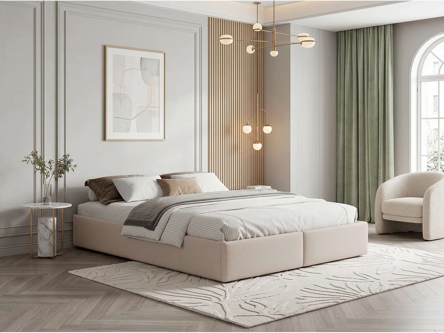 Lit coffre avec tiroirs - 160x200cm - avec rangement hydraulique et sommier à lattes - Beige