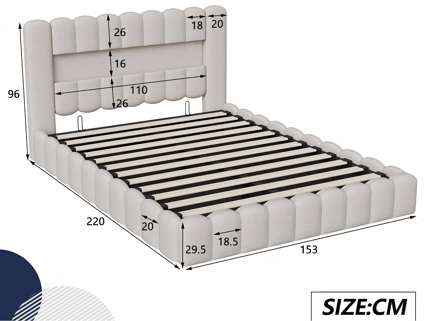 Lit coffre rembourré 140x200 cm - LED intégrée et ports USB - Tissu beige - Sommier relevable à lattes - Grand espace de rangement