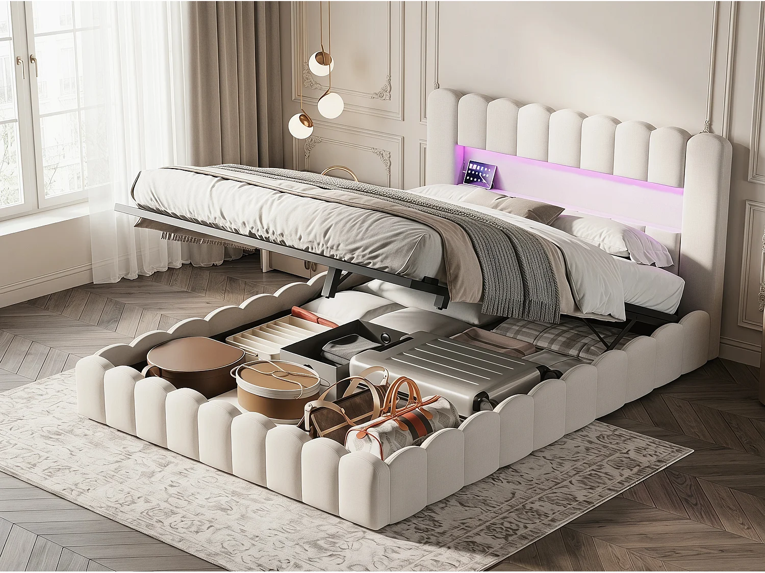 Lit coffre rembourré 140x200 cm - LED intégrée et ports USB - Tissu beige - Sommier relevable à lattes - Grand espace de rangement