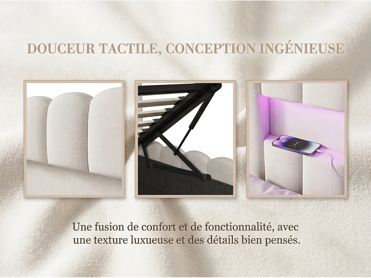 Lit coffre rembourré 140x200 cm - LED intégrée et ports USB - Tissu beige - Sommier relevable à lattes - Grand espace de rangement