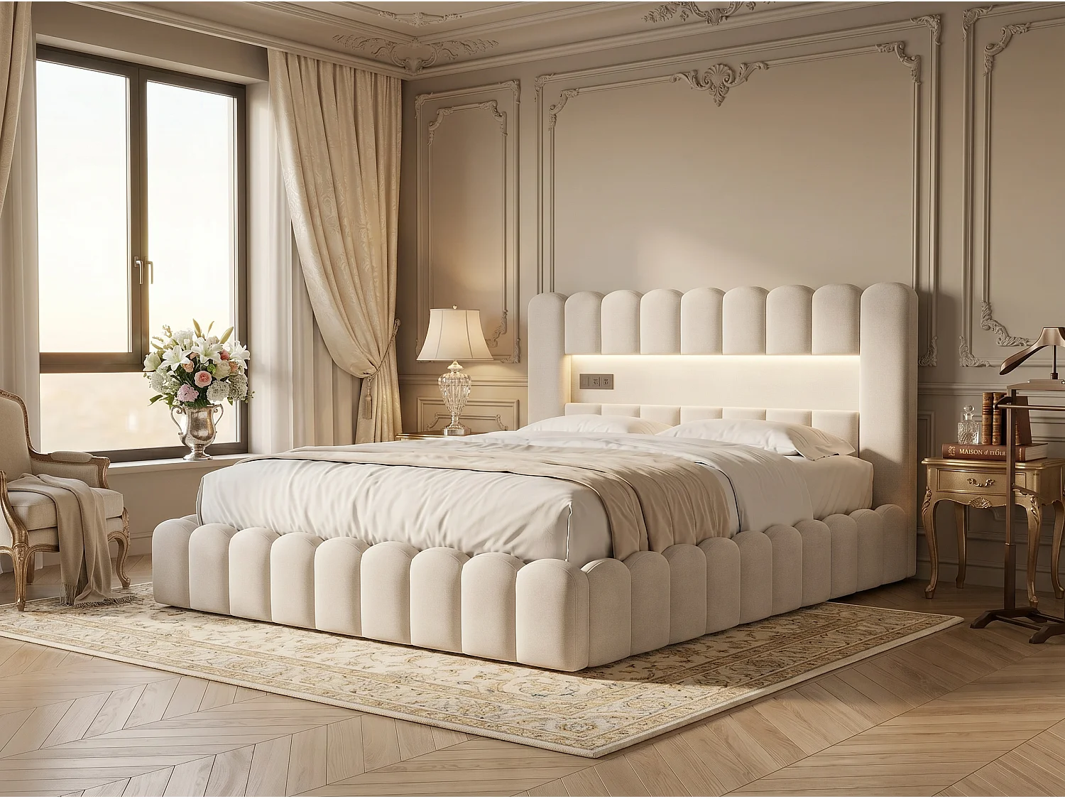Lit coffre rembourré 140x200 cm - LED intégrée et ports USB - Tissu beige - Sommier relevable à lattes - Grand espace de rangement