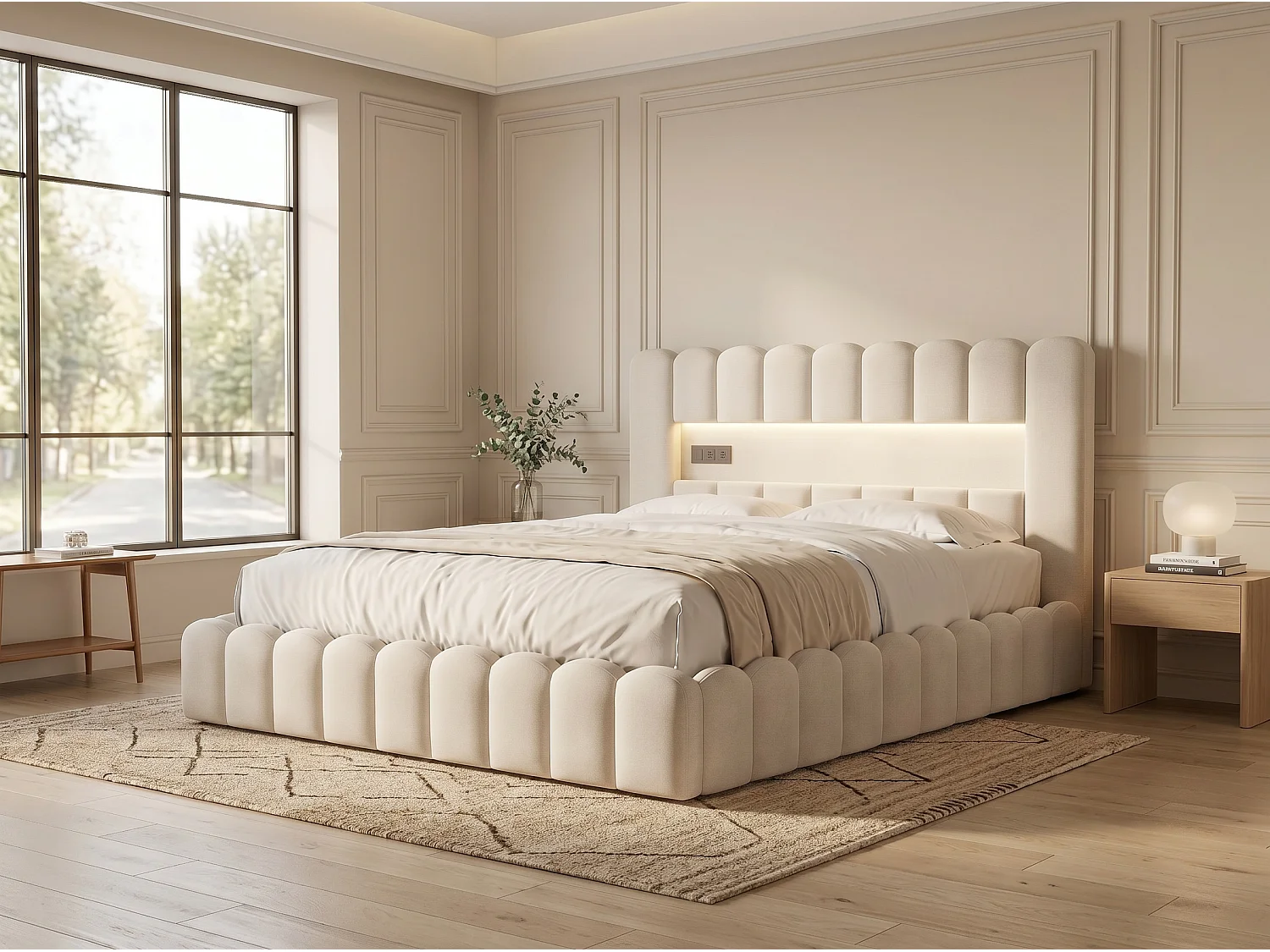Lit coffre rembourré 140x200 cm - LED intégrée et ports USB - Tissu beige - Sommier relevable à lattes - Grand espace de rangement