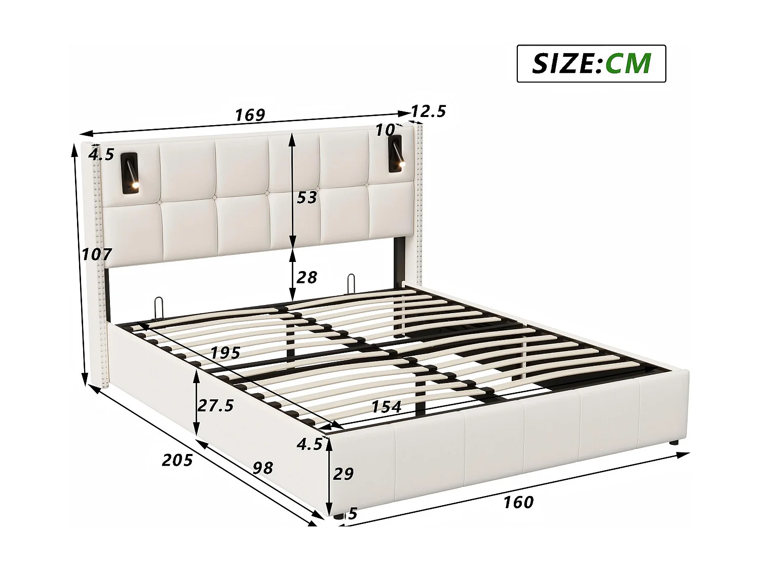 Lit coffre capitonné 160 x 200 cm avec éclairage intégré et sommier à lattes - Beige(matelas non inclus)