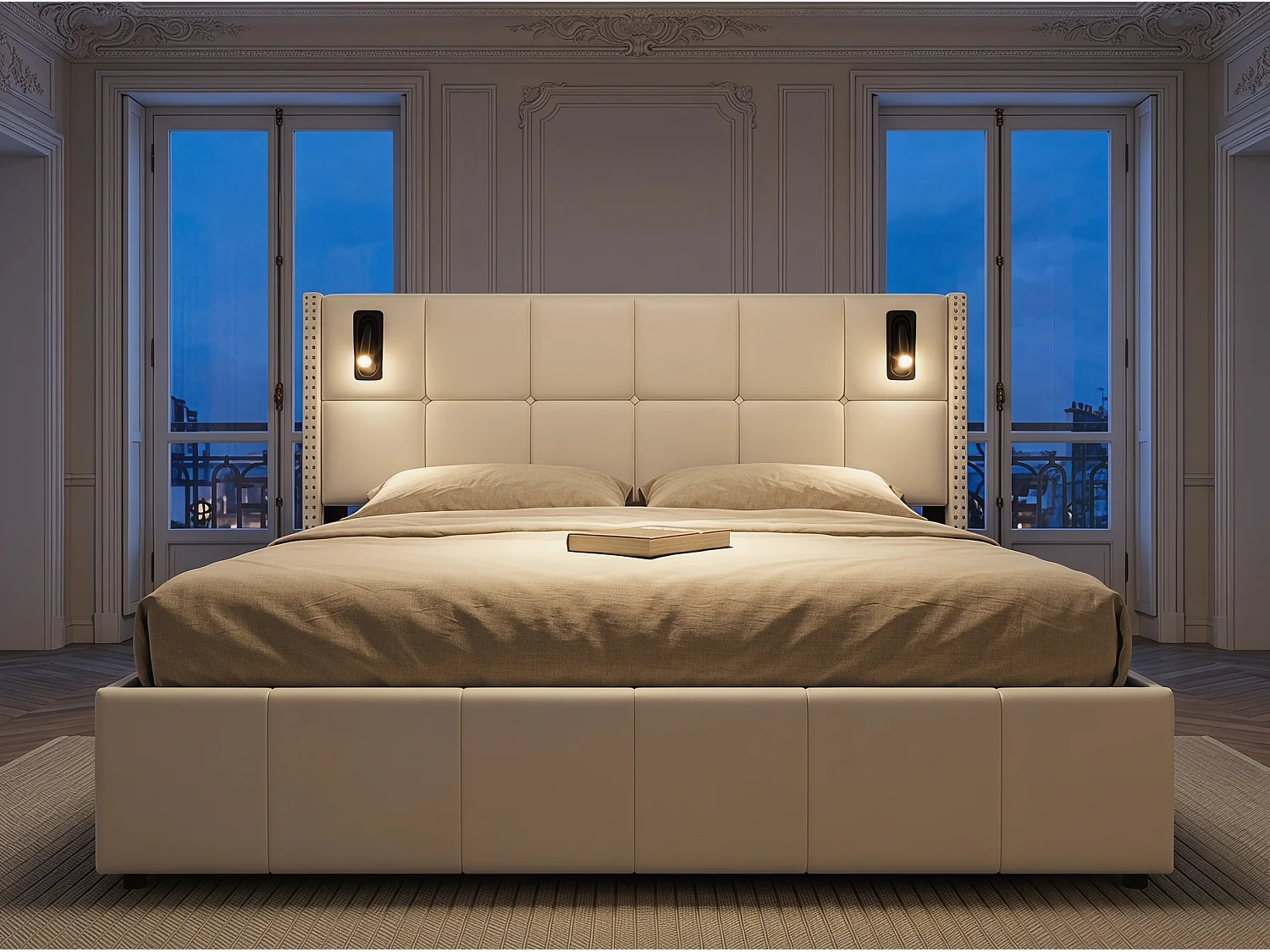 Lit coffre capitonné 160 x 200 cm avec éclairage intégré et sommier à lattes - Beige(matelas non inclus)