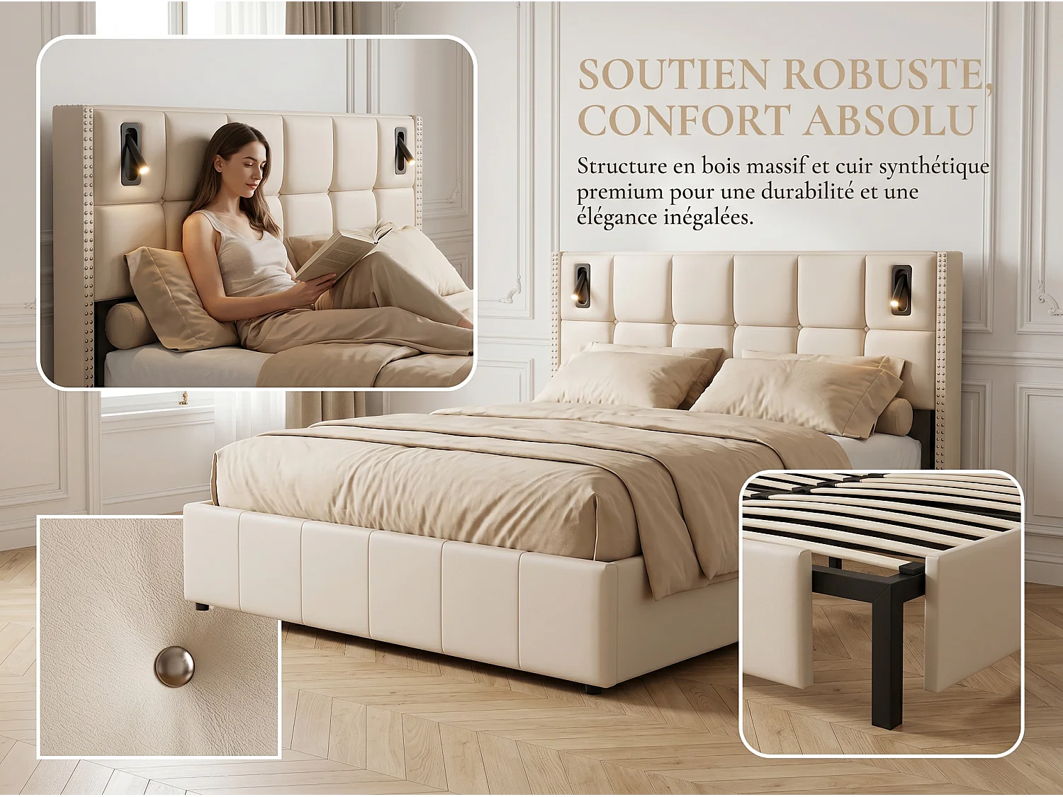 Lit coffre capitonné 160 x 200 cm avec éclairage intégré et sommier à lattes - Beige(matelas non inclus)