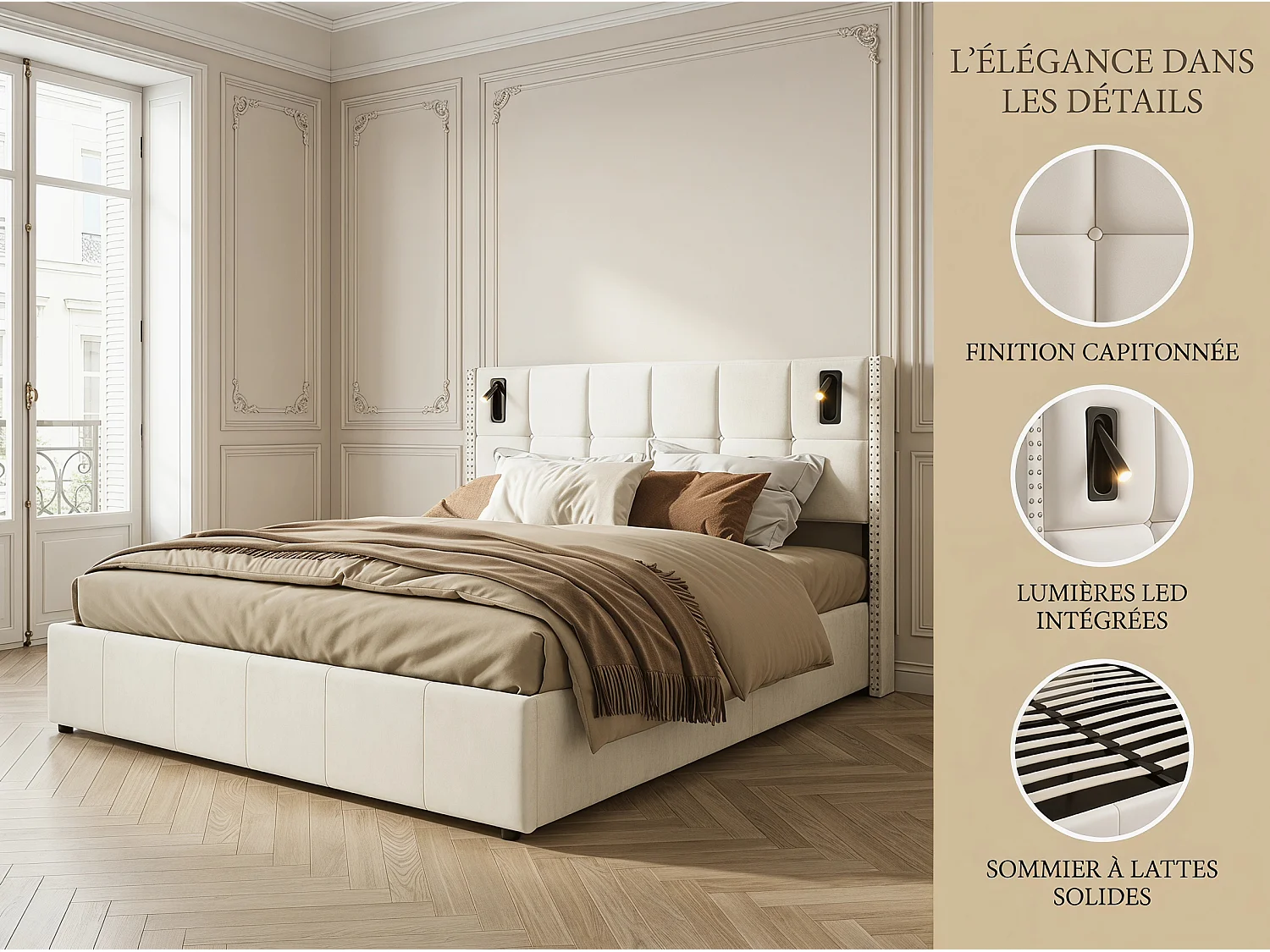 Lit coffre capitonné 160 x 200 cm avec éclairage intégré et sommier à lattes - Beige(matelas non inclus)