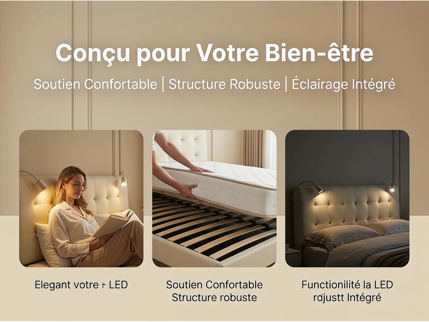 Lit coffre capitonné 160 x 200 cm avec éclairage intégré et sommier à lattes - Beige(matelas non inclus)