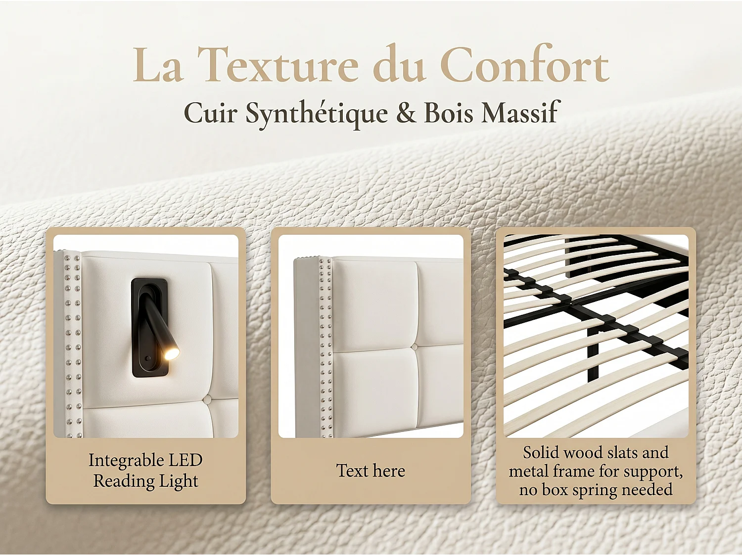 Lit coffre capitonné 160 x 200 cm avec éclairage intégré et sommier à lattes - Beige(matelas non inclus)