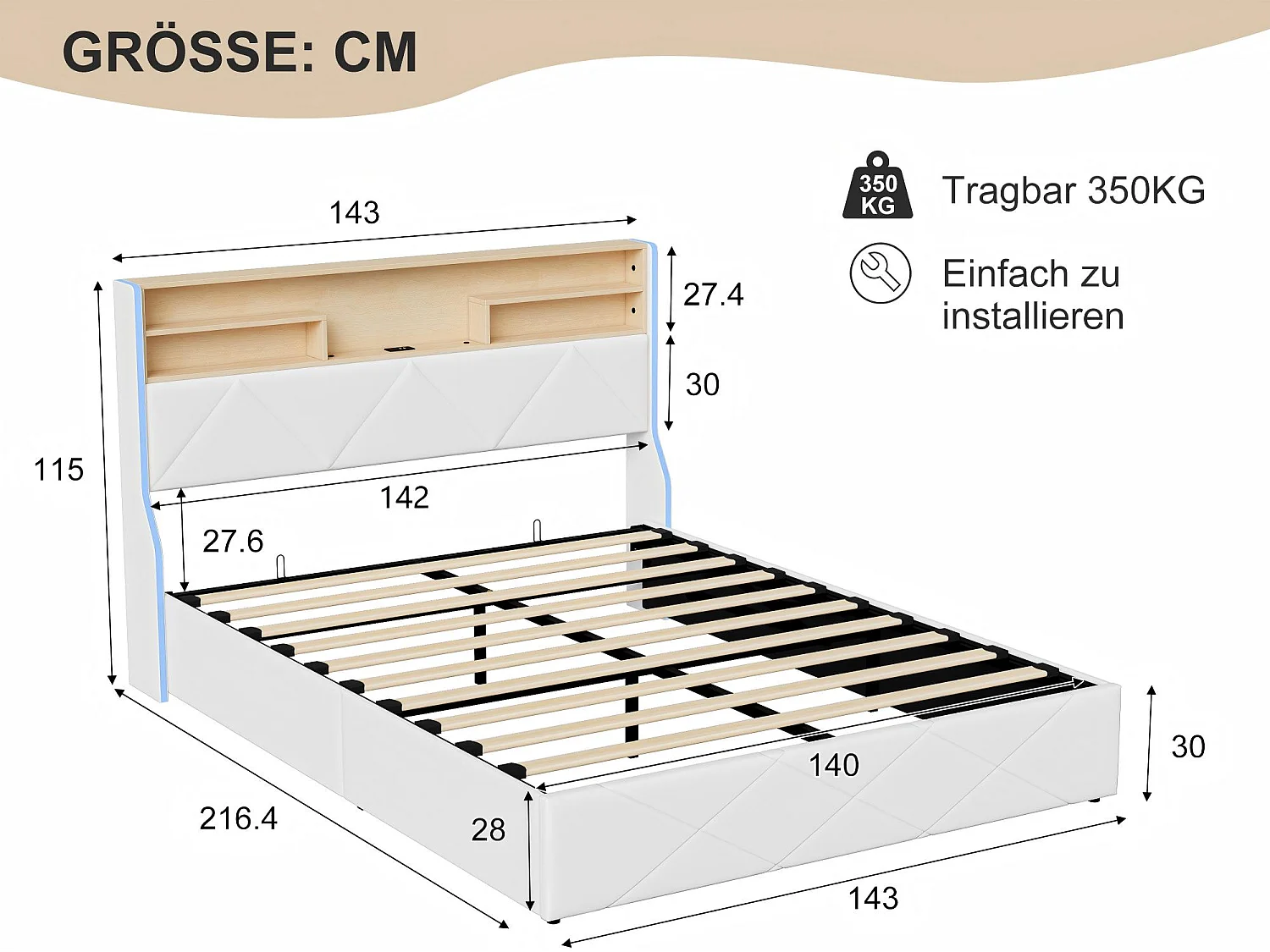 Lit coffre avec LED et USB, lit rembourré cuir, tête de lit avec rangement, design moderne, 140x200 / 160x200