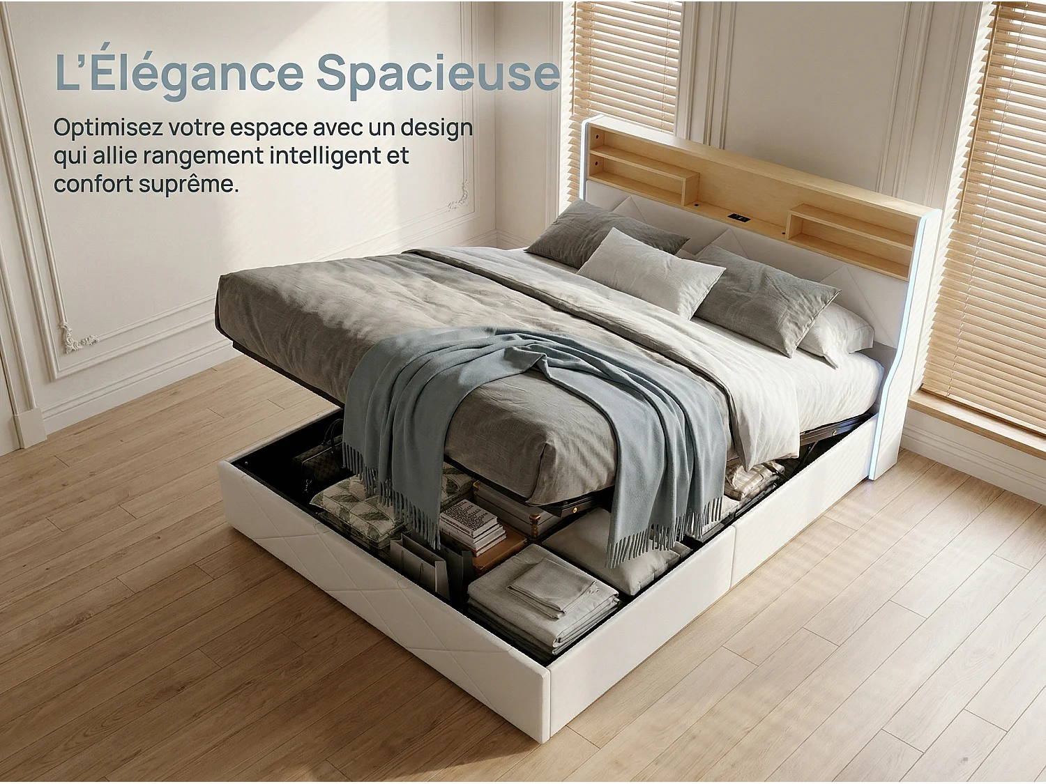 Lit coffre avec LED et USB, lit rembourré cuir, tête de lit avec rangement, design moderne, 140x200 / 160x200