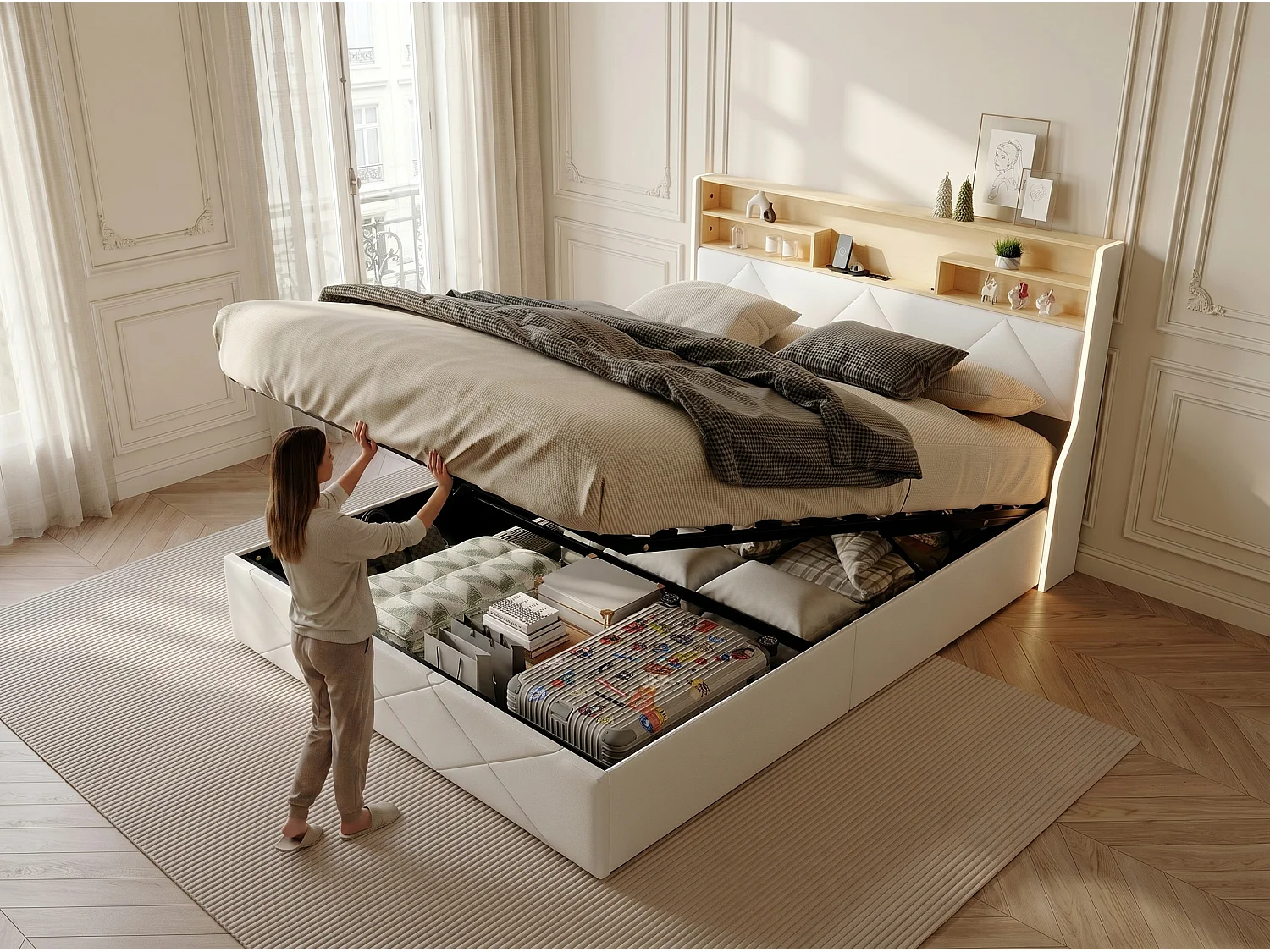 Lit coffre avec LED et USB, lit rembourré cuir, tête de lit avec rangement, design moderne, 140x200 / 160x200