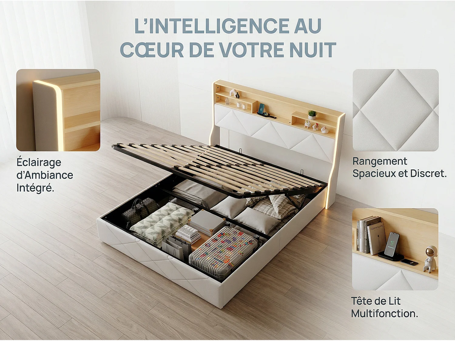 Lit coffre avec LED et USB, lit rembourré cuir, tête de lit avec rangement, design moderne, 140x200 / 160x200