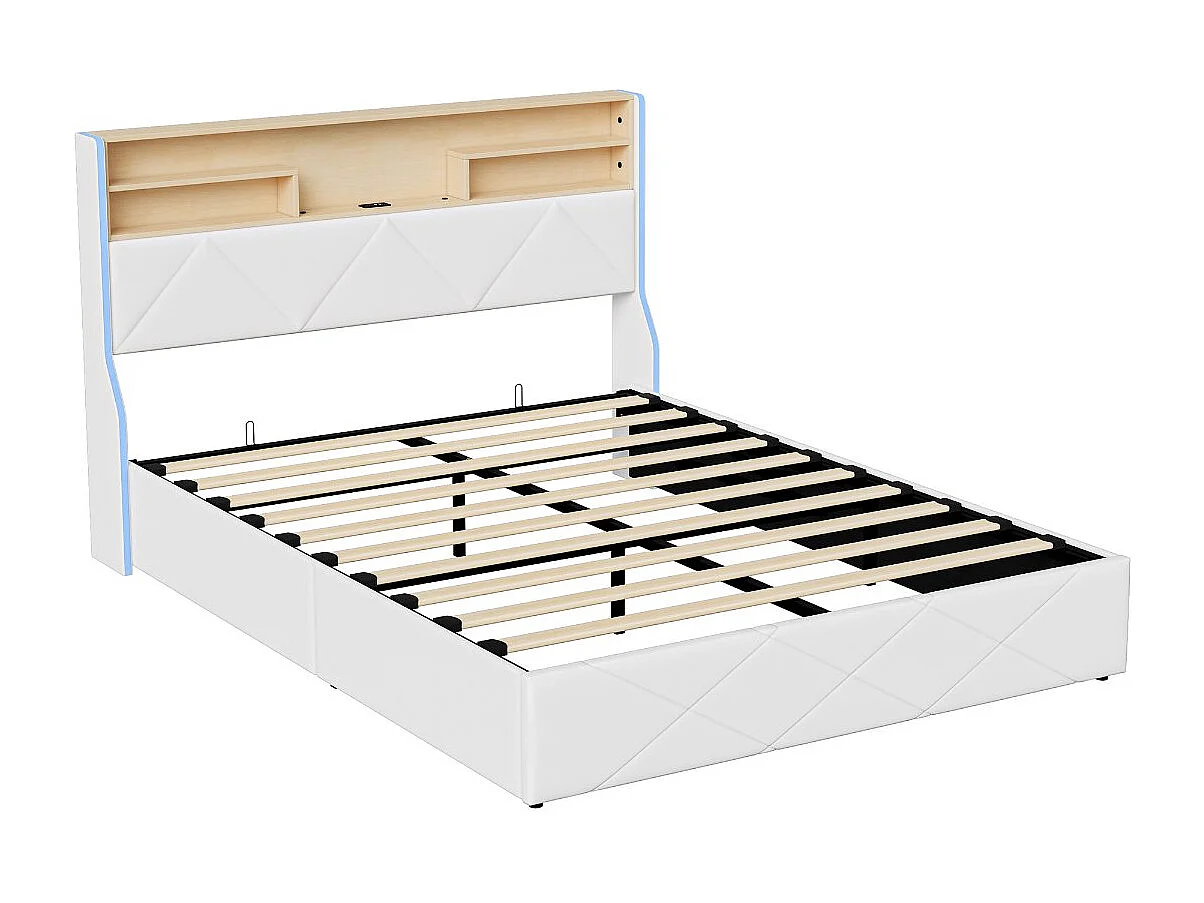 Lit coffre avec LED et USB, lit rembourré cuir, tête de lit avec rangement, design moderne, 140x200 / 160x200