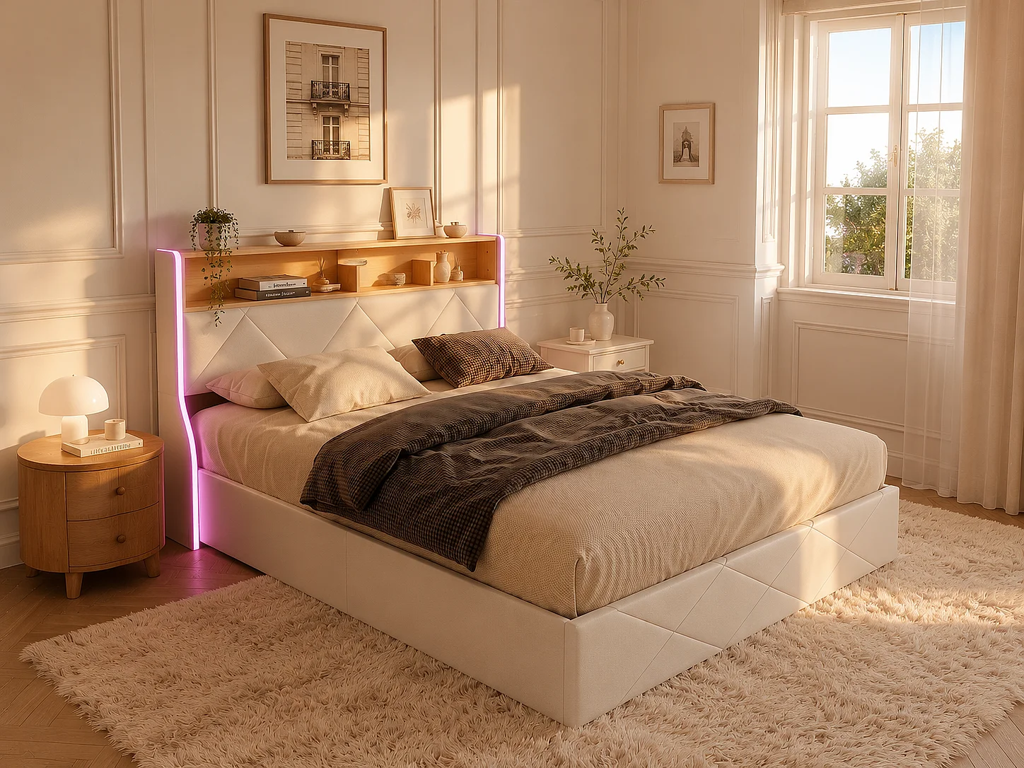 Lit coffre140x200 - avec LED et USB, lit rembourré cuir, tête de lit avec rangement, design moderne