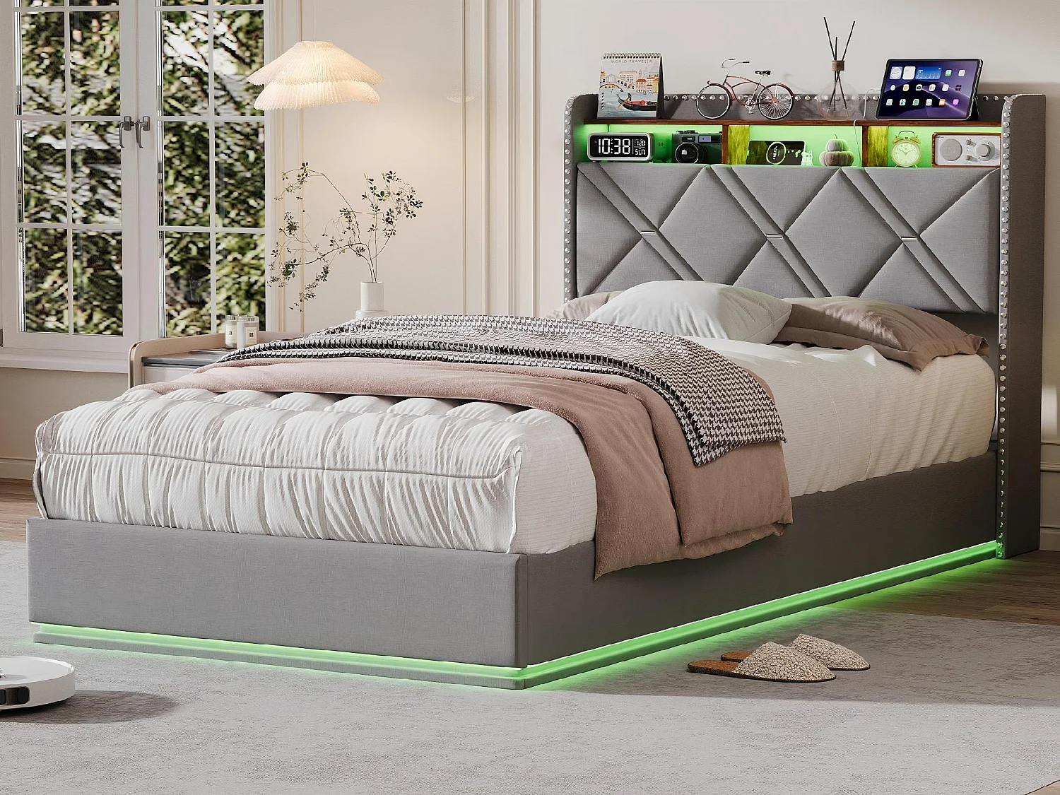 Lit coffre 90x200 cm - LED intégrée et rangement - Tête de lit avec étagères - Sommier relevable
