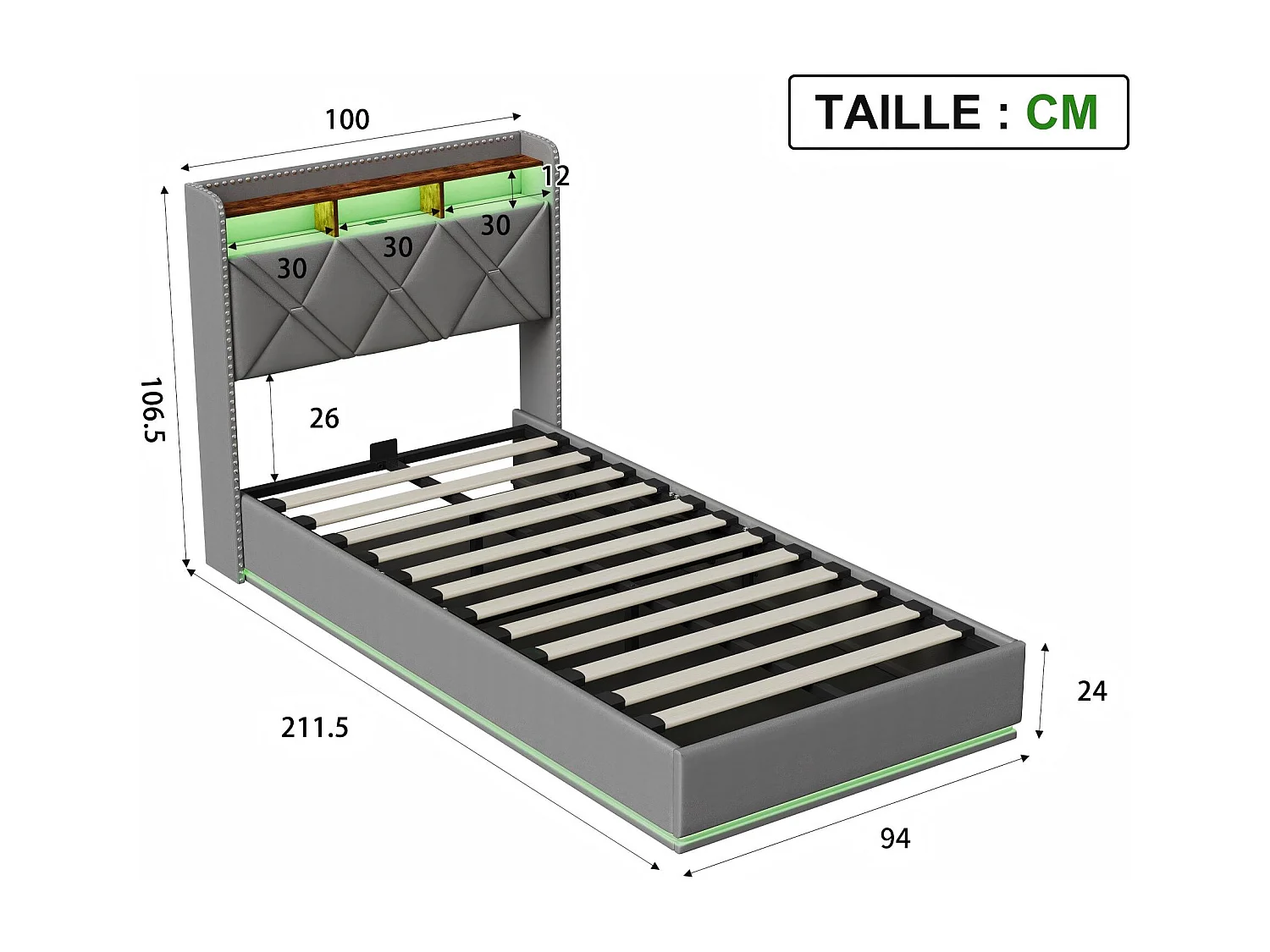 Lit coffre 90x200 cm - LED intégrée et rangement - Tête de lit avec étagères - Sommier relevable