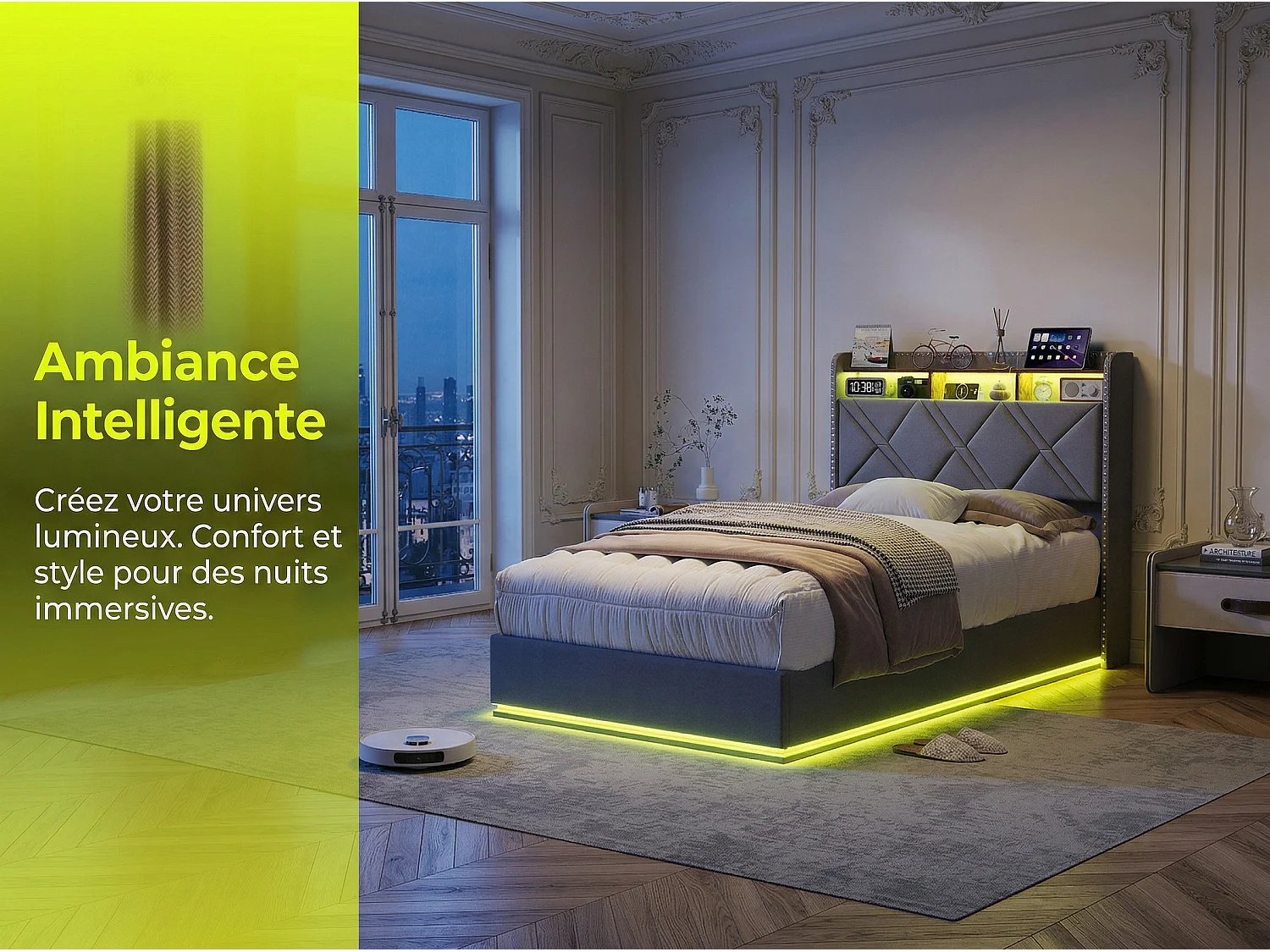 Lit coffre 90x200 cm - LED intégrée et rangement - Tête de lit avec étagères - Sommier relevable