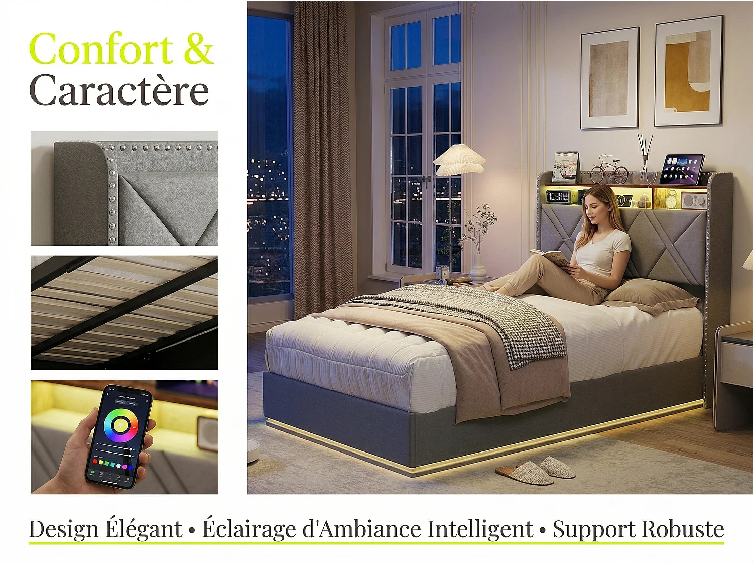 Lit coffre 90x200 cm - LED intégrée et rangement - Tête de lit avec étagères - Sommier relevable