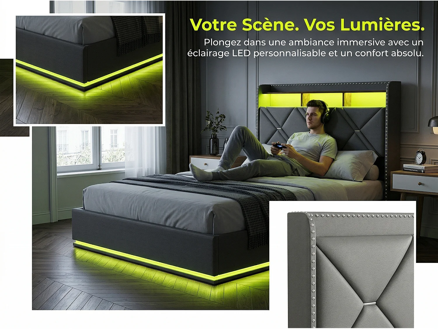 Lit coffre 90x200 cm - LED intégrée et rangement - Tête de lit avec étagères - Sommier relevable