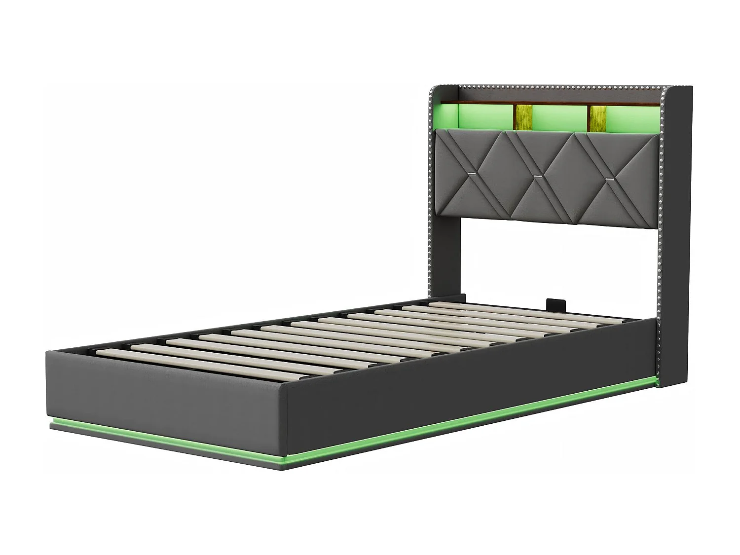 Lit coffre 90x200 cm - LED intégrée et rangement - Tête de lit avec étagères - Sommier relevable
