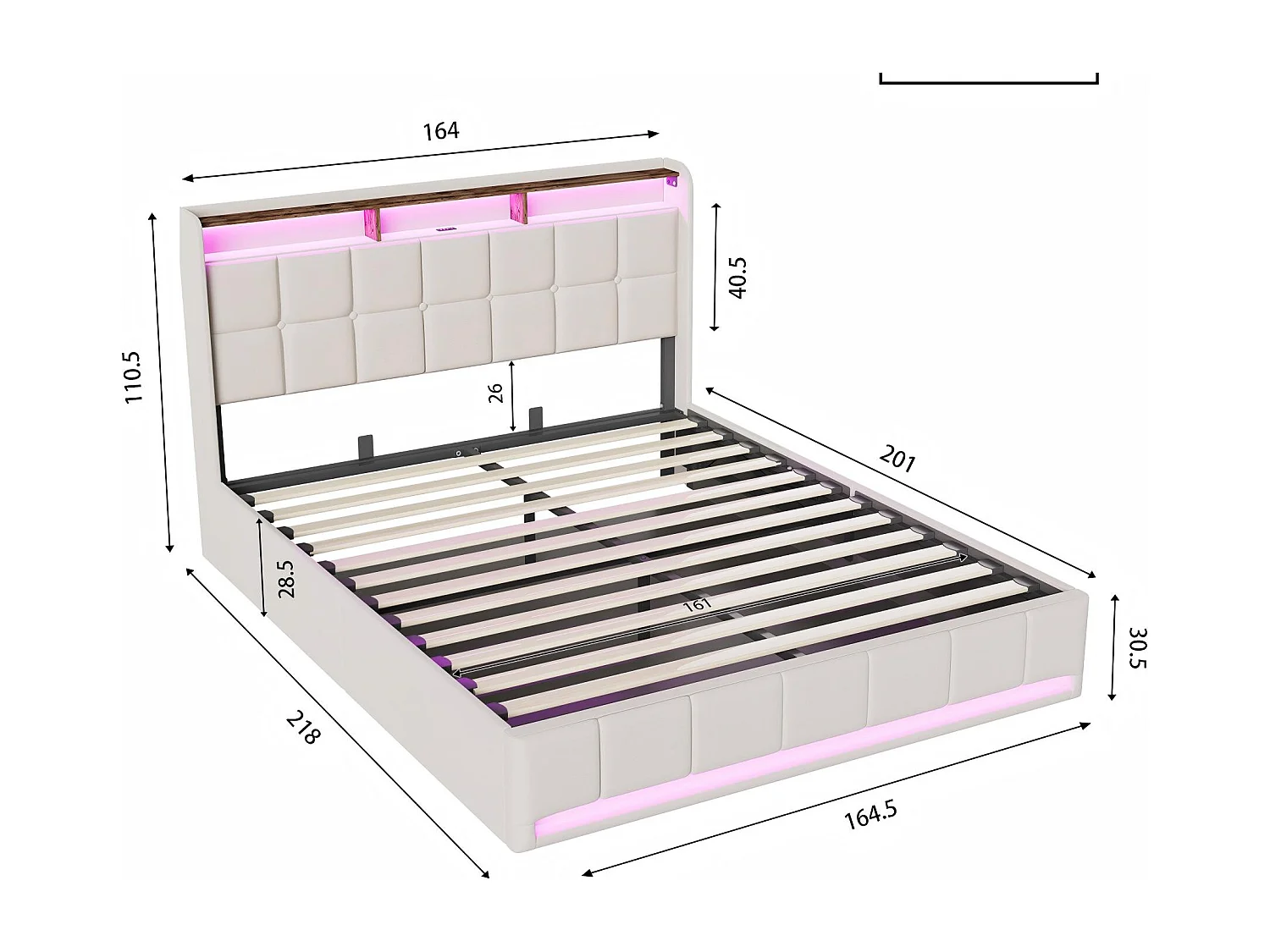 Lit coffre tissu lin avec LED et USB Type-C, lit double avec rangement tête de lit, design moderne