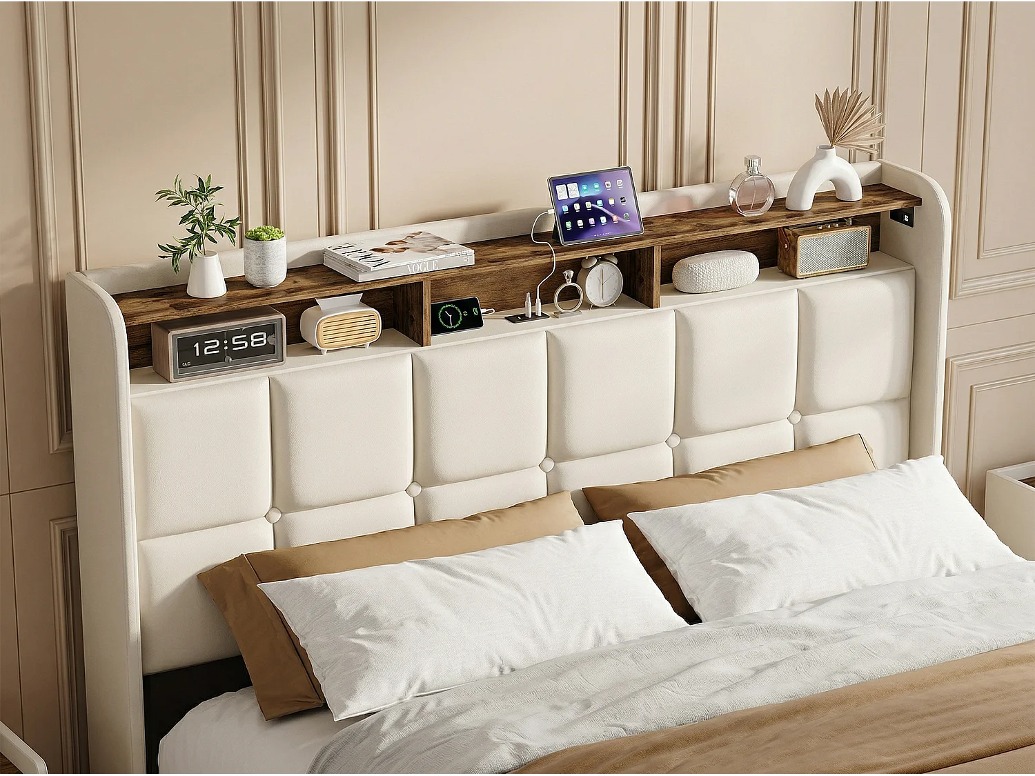 Lit coffre tissu lin avec LED et USB Type-C, lit double avec rangement tête de lit, design moderne