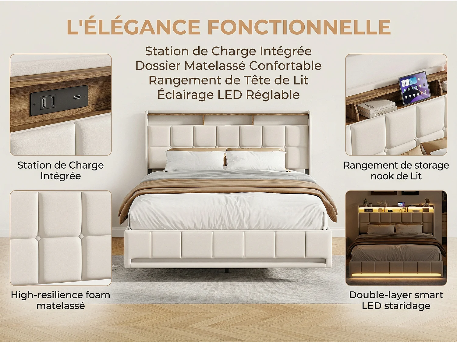 Lit coffre rembourré 160x200 - Lit Double - avec USB + Type-C - avec lumière LED -  Beige (matelas non inclus)