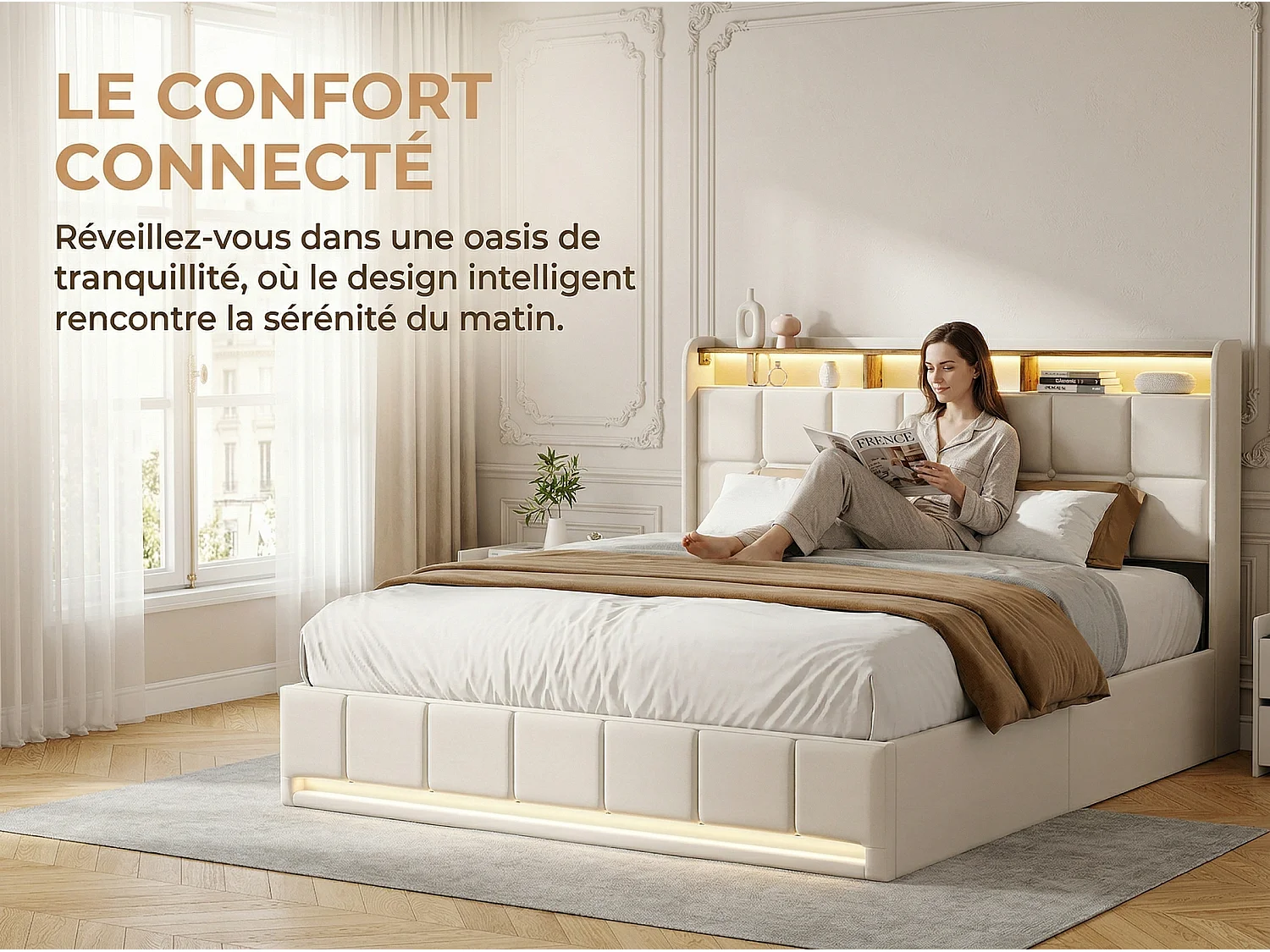 Lit coffre rembourré 160x200 - Lit Double - avec USB + Type-C - avec lumière LED -  Beige (matelas non inclus)