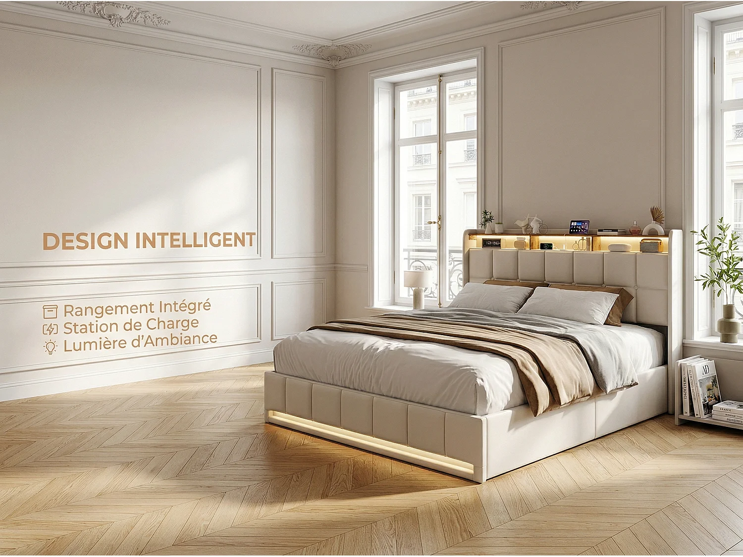 Lit coffre rembourré 160x200 - Lit Double - avec USB + Type-C - avec lumière LED -  Beige (matelas non inclus)