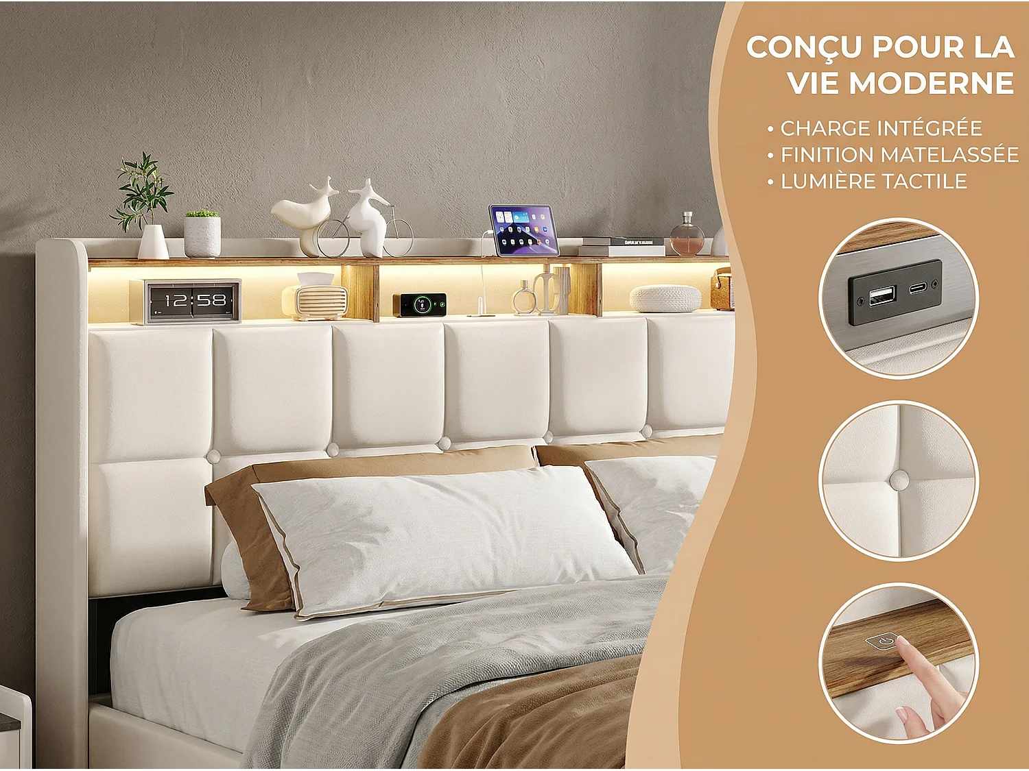 Lit coffre rembourré 160x200 - Lit Double - avec USB + Type-C - avec lumière LED -  Beige (matelas non inclus)